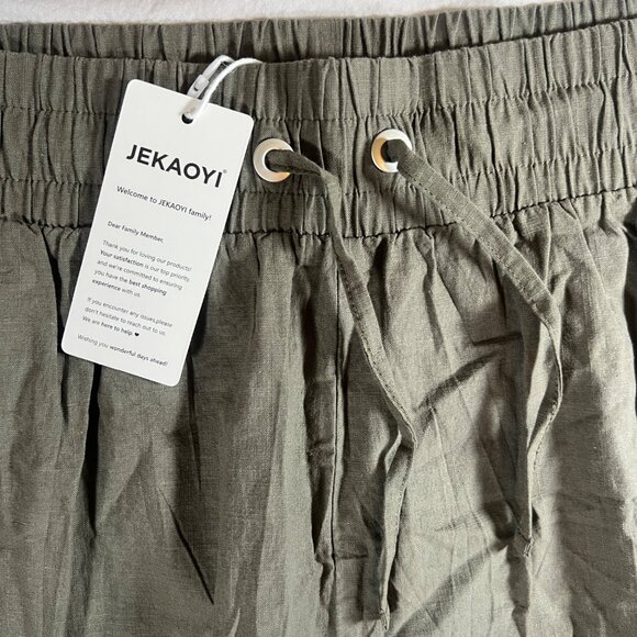 Womens Flowy Pants XL Cotton Flax Blend Olive Green Wide Leg Pockets Boho - Picture 4 of 8